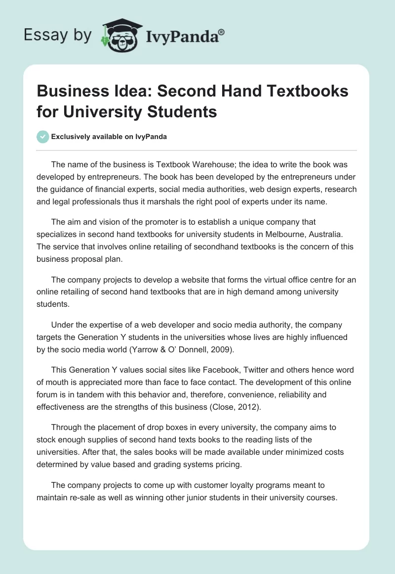 Business Idea: Second Hand Textbooks for University Students. Page 1