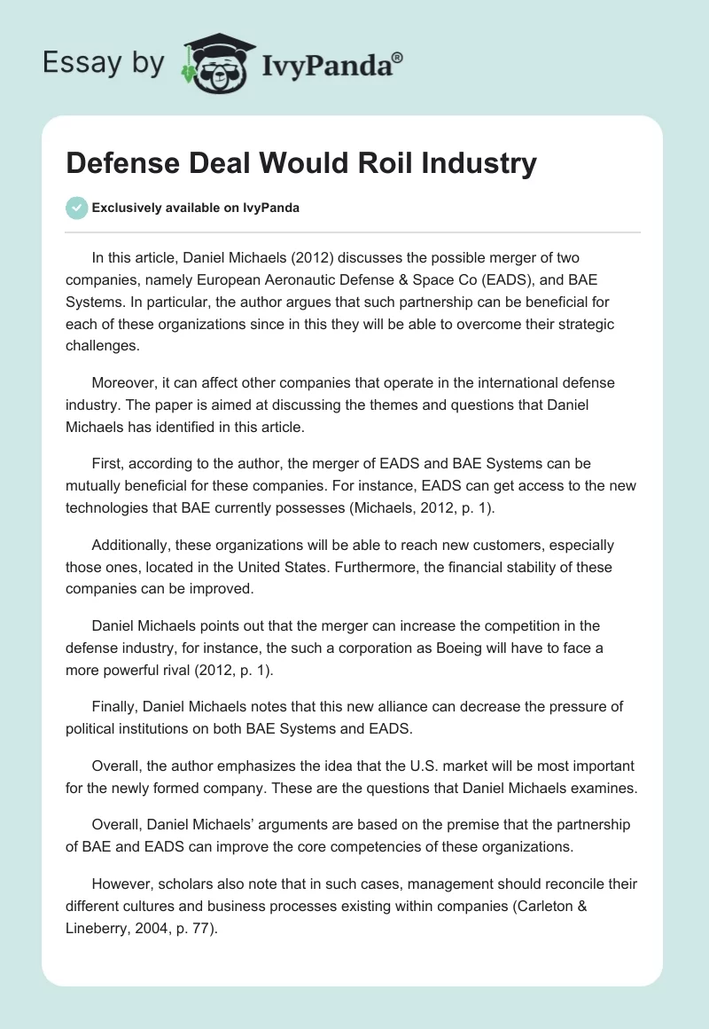 Defense Deal Would Roil Industry. Page 1