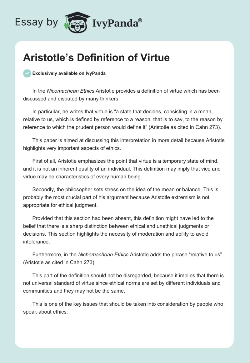 Aristotle’s Definition of Virtue. Page 1