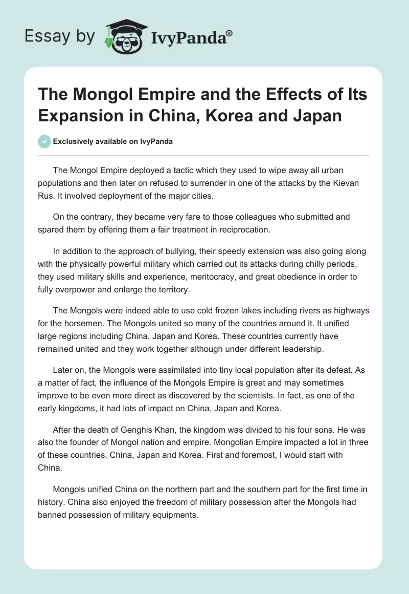 The Mongol Empire and the Effects of Its Expansion in China, Korea and Japan. Page 1