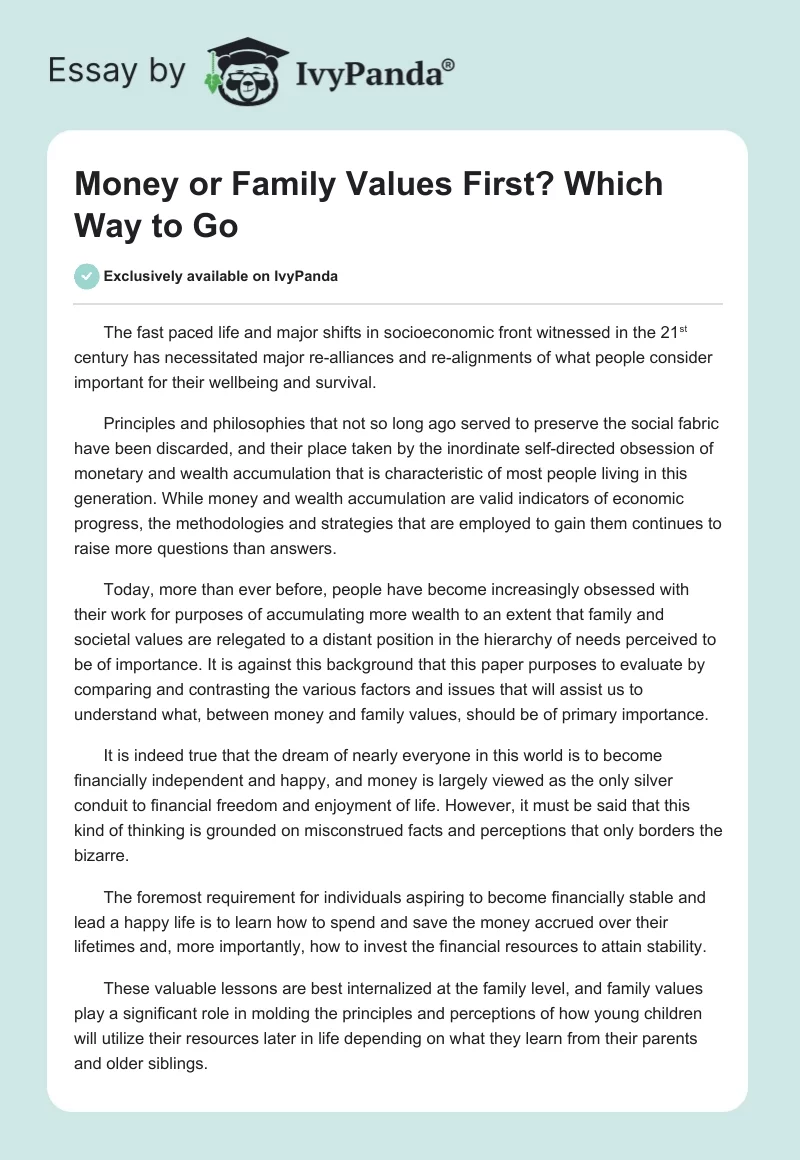 Money or Family Values First? Which Way to Go. Page 1
