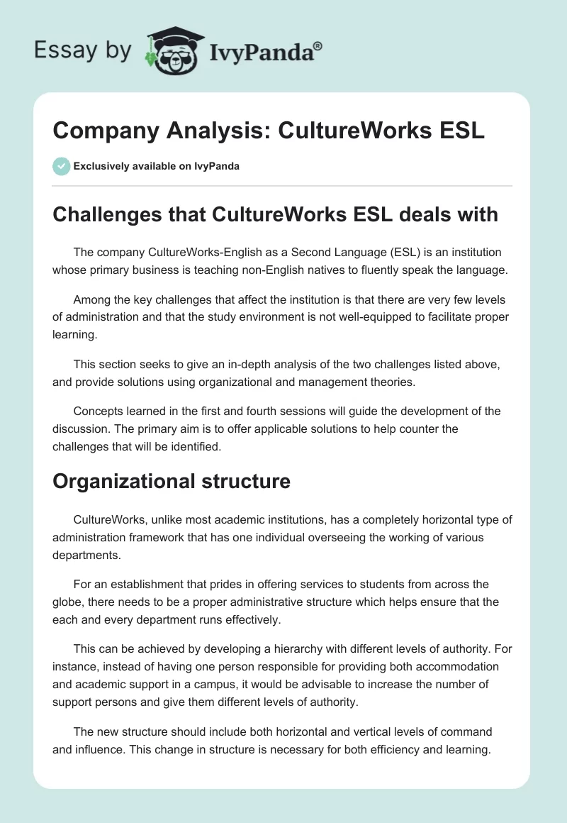 Company Analysis: CultureWorks ESL. Page 1