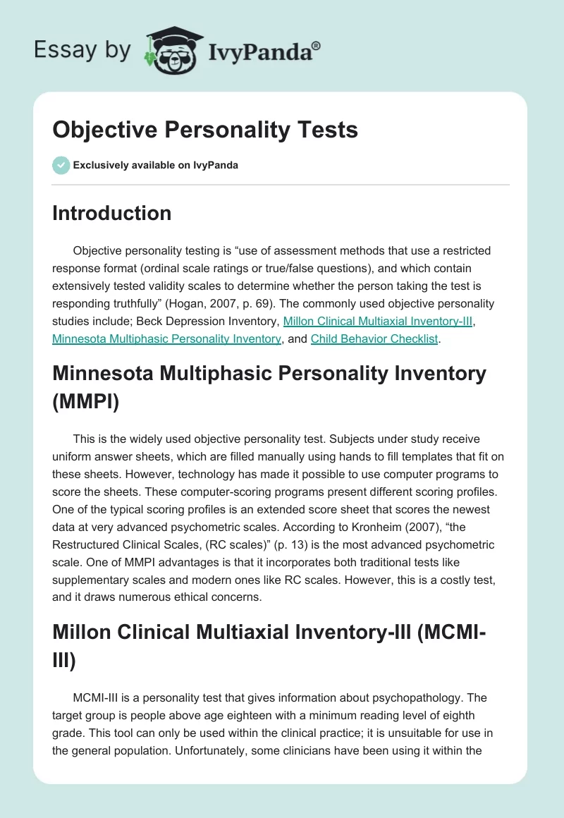 Objective Personality Tests. Page 1