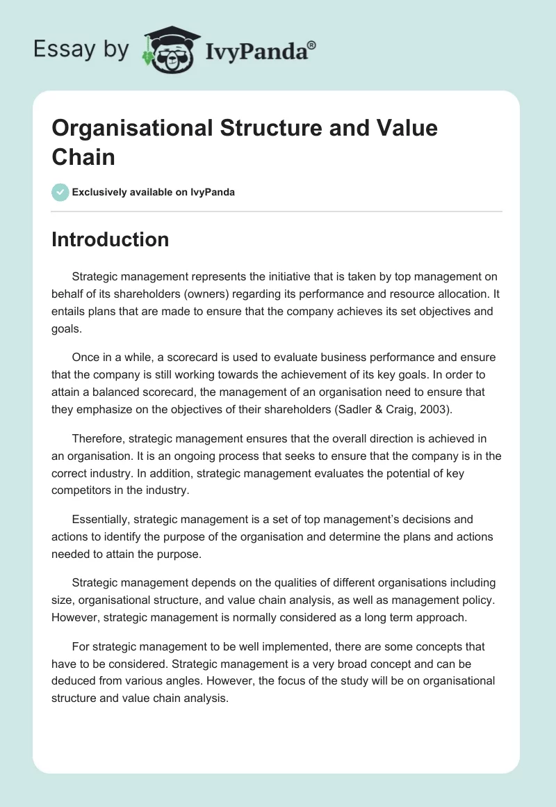 Organisational Structure and Value Chain. Page 1