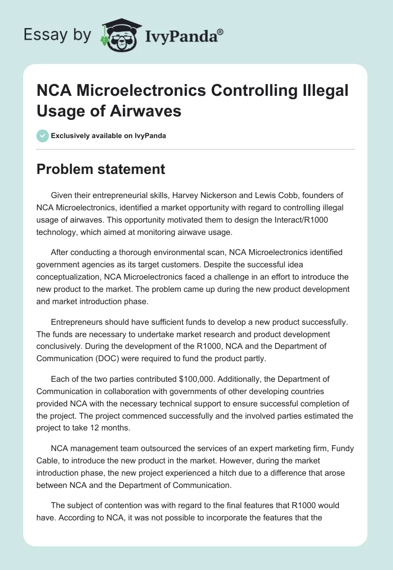 NCA Microelectronics Controlling Illegal Usage of Airwaves. Page 1