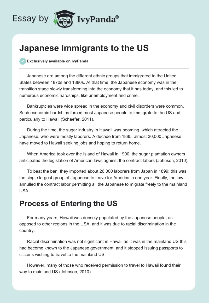 Japanese Immigrants to the US. Page 1