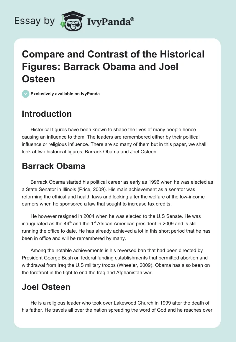 Compare and Contrast of the Historical Figures: Barrack Obama and Joel Osteen. Page 1