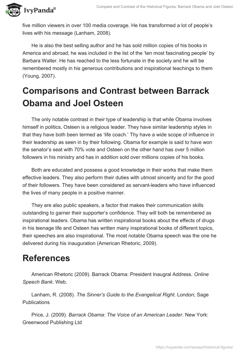 Compare and Contrast of the Historical Figures: Barrack Obama and Joel Osteen. Page 2