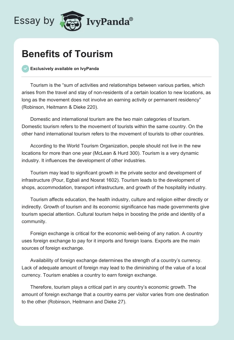 Benefits of Tourism. Page 1