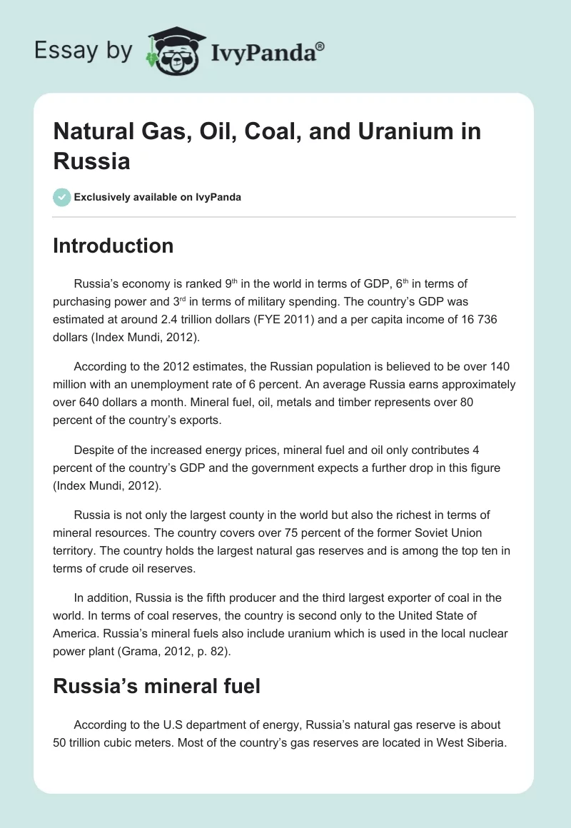Natural Gas, Oil, Coal, and Uranium in Russia. Page 1