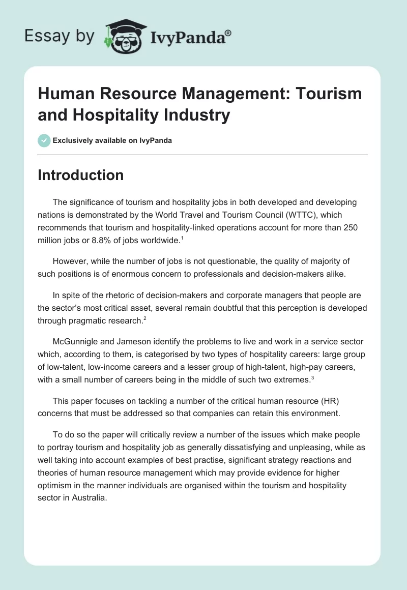Human Resource Management: Tourism and Hospitality Industry. Page 1
