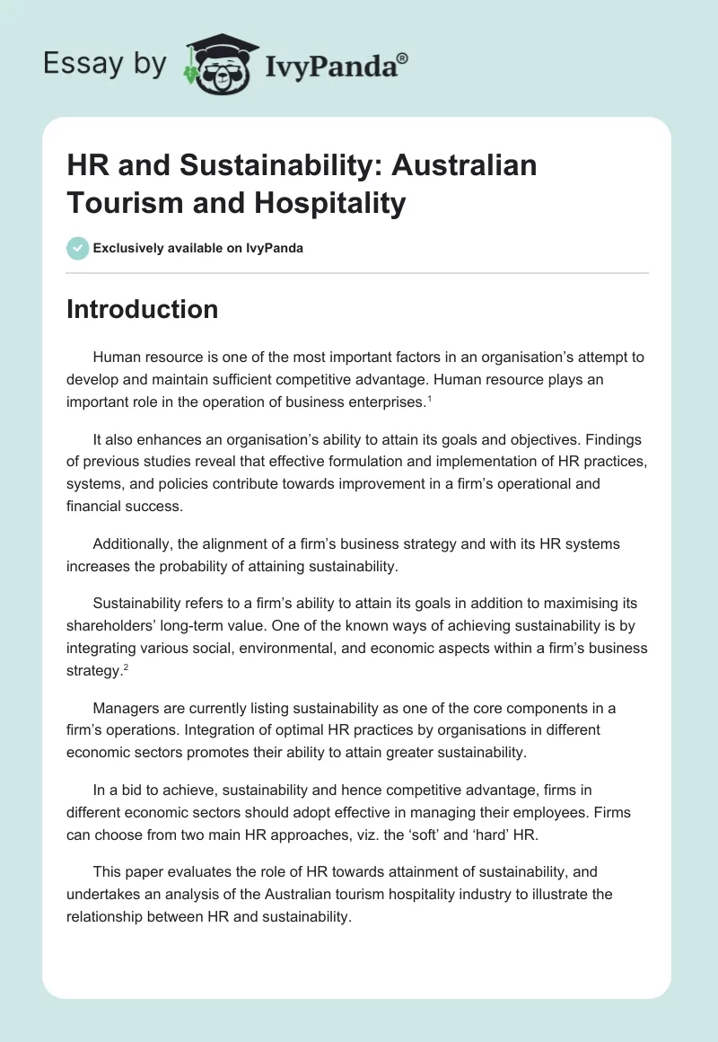 HR and Sustainability: Australian Tourism and Hospitality. Page 1