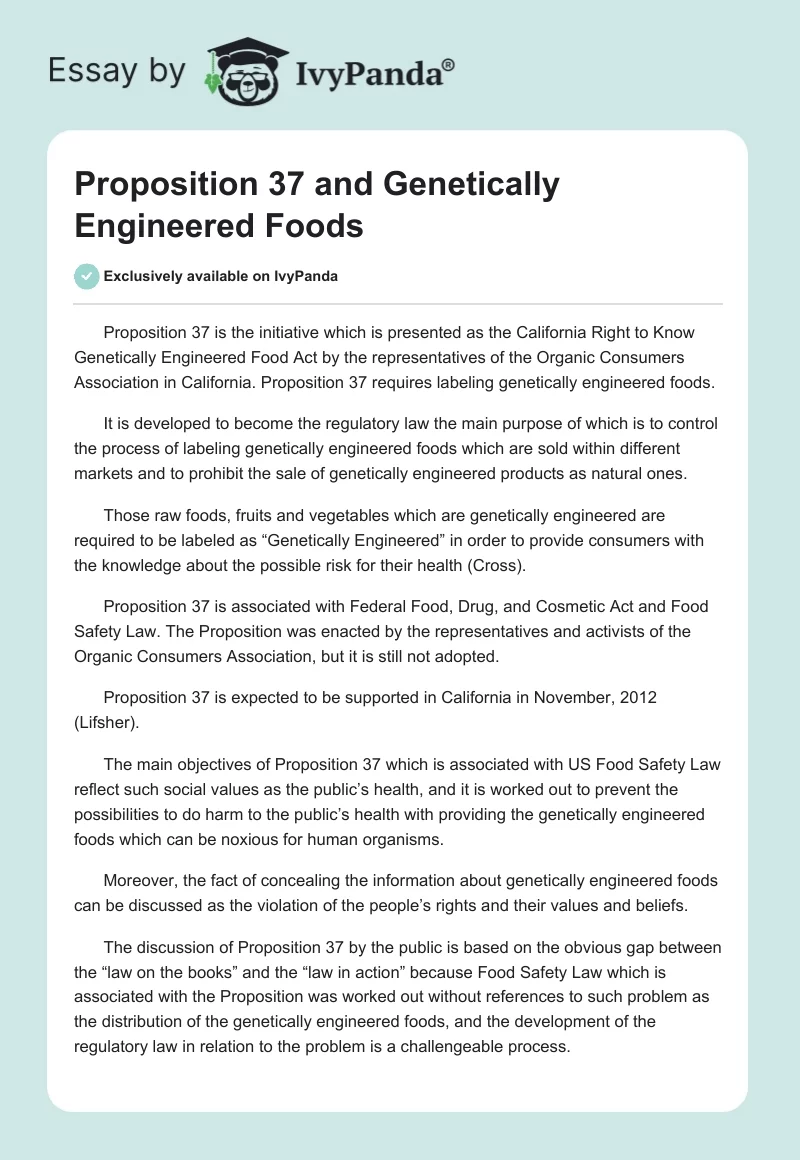Proposition 37 and Genetically Engineered Foods. Page 1