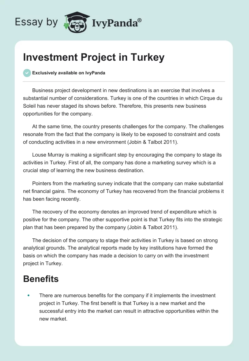 Investment Project in Turkey. Page 1