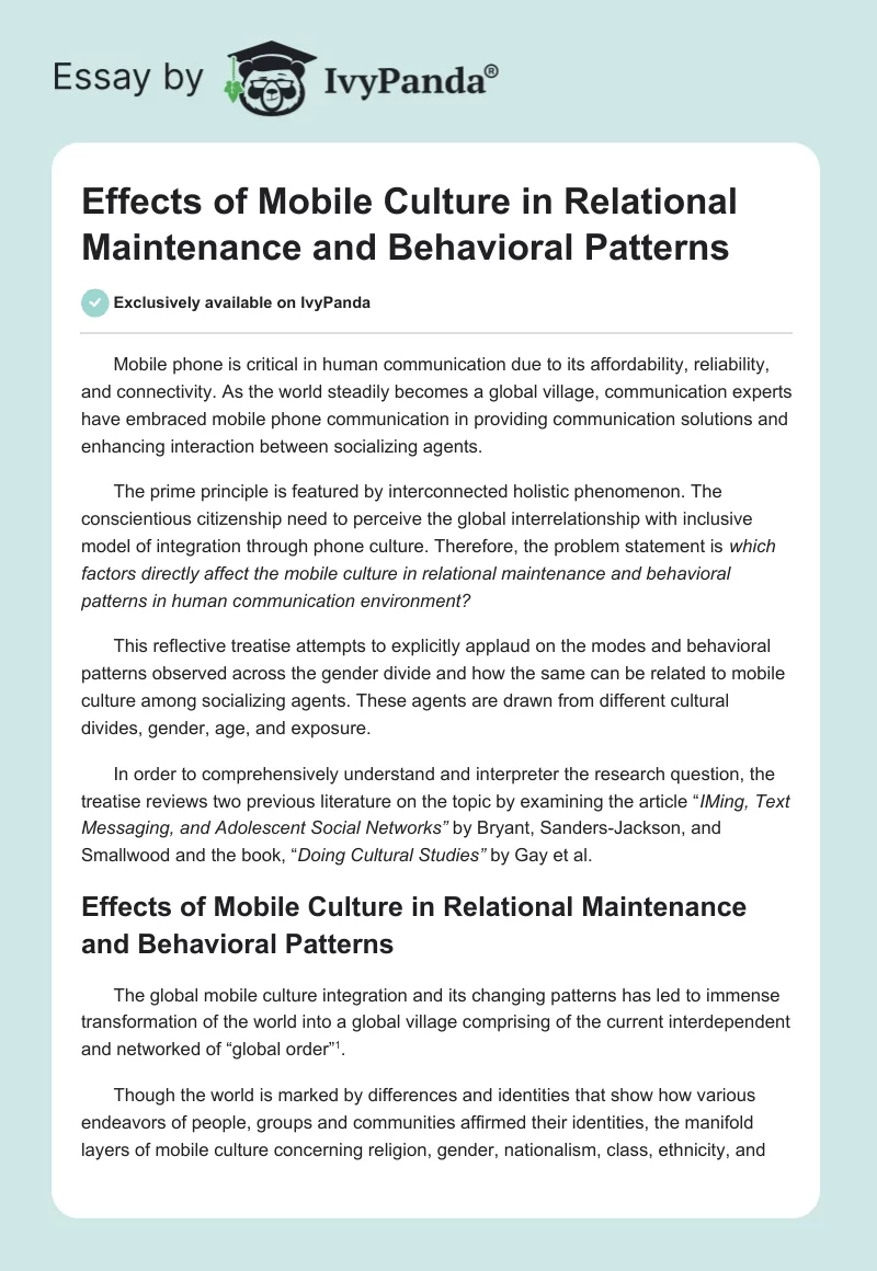Effects of Mobile Culture in Relational Maintenance and Behavioral Patterns. Page 1