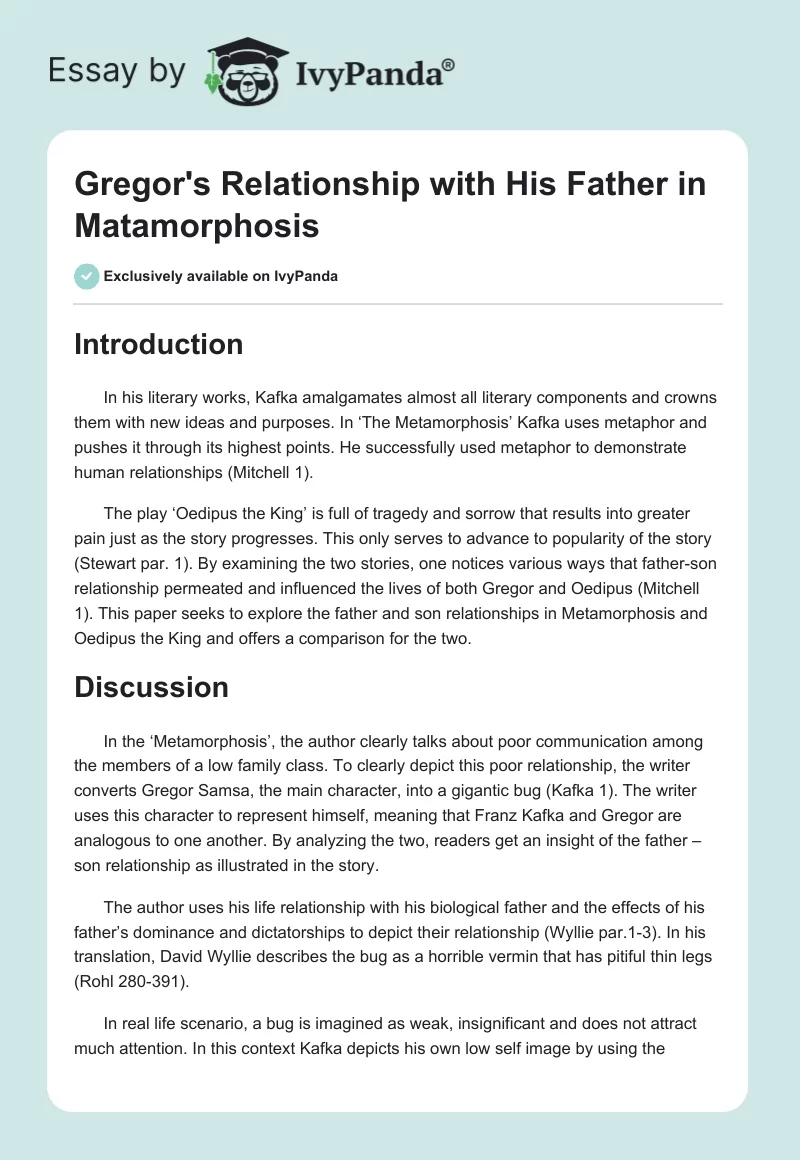 Gregor's Relationship With His Father in "The Matamorphosis". Page 1