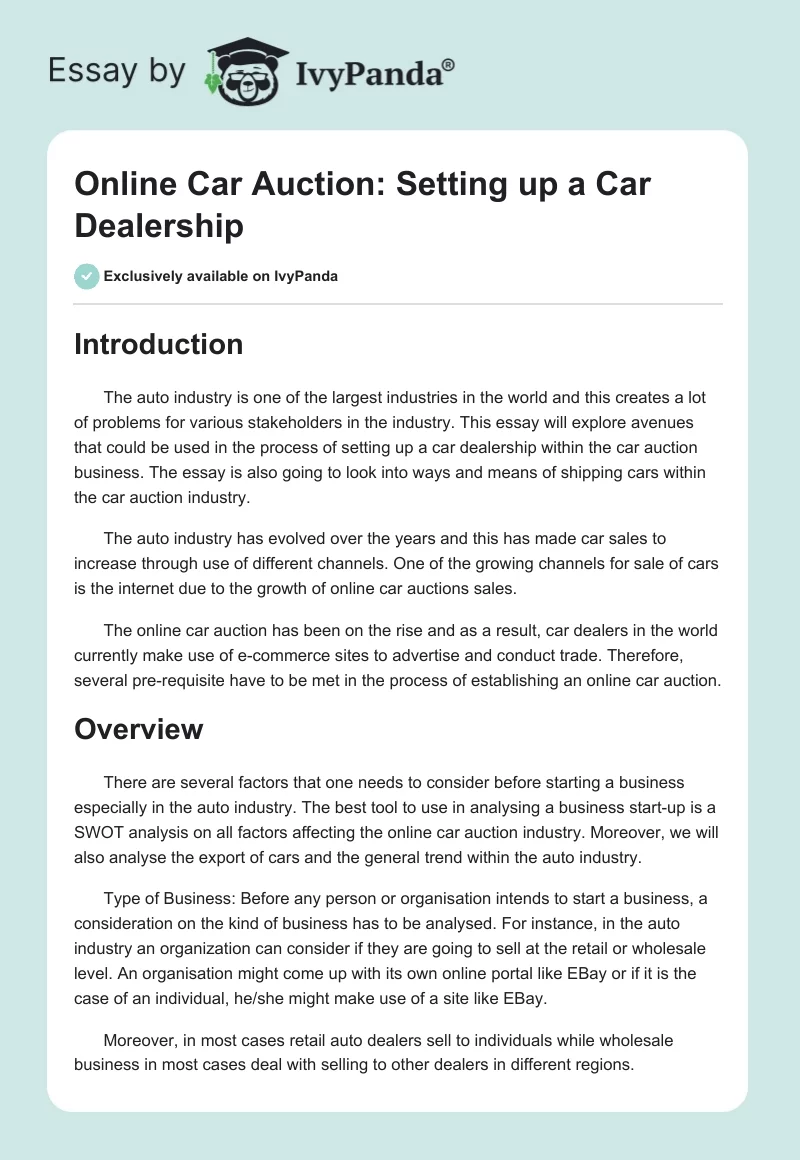 Online Car Auction: Setting Up a Car Dealership. Page 1