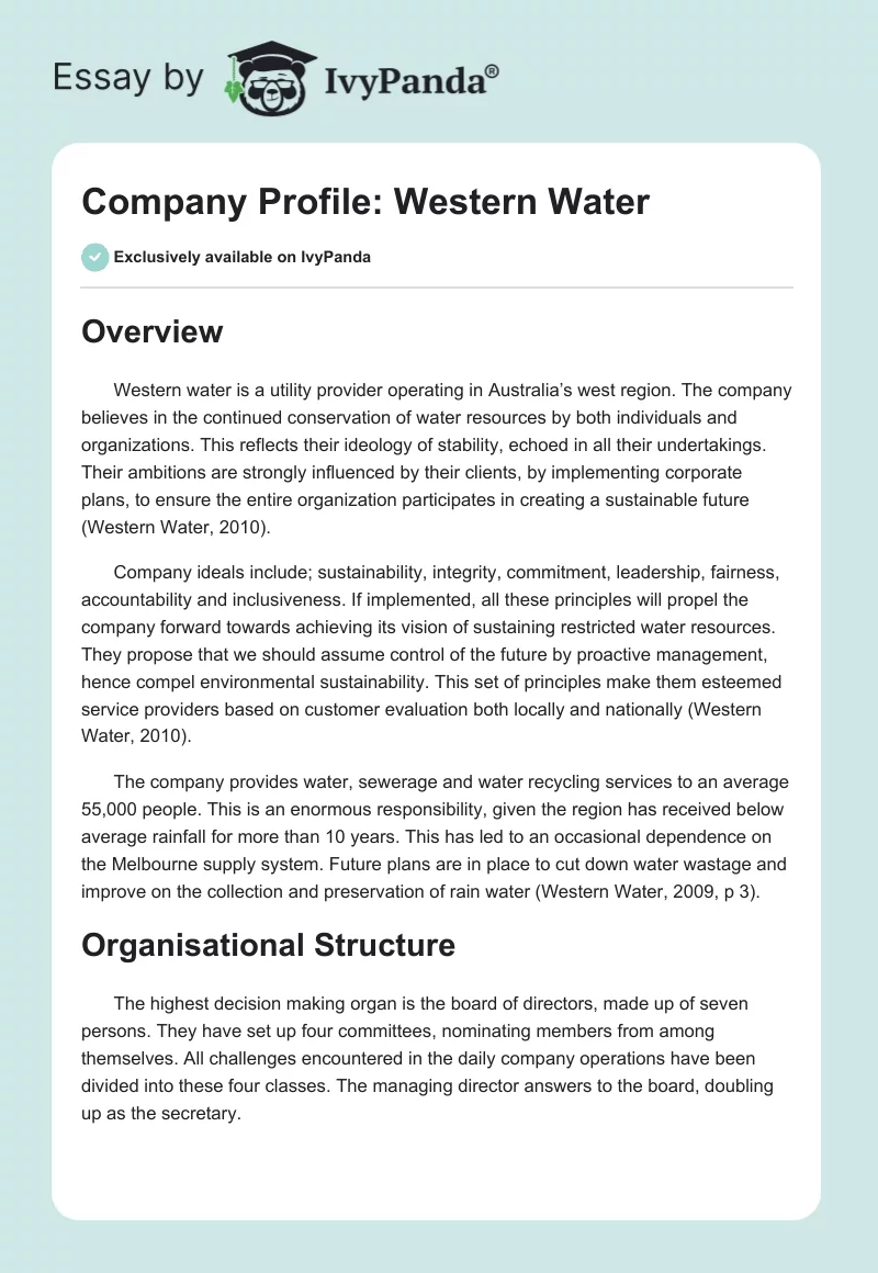 Company Profile: Western Water. Page 1