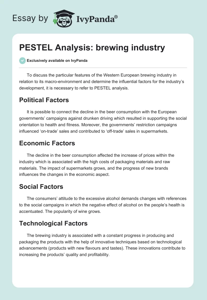 PESTEL Analysis: Brewing Industry. Page 1