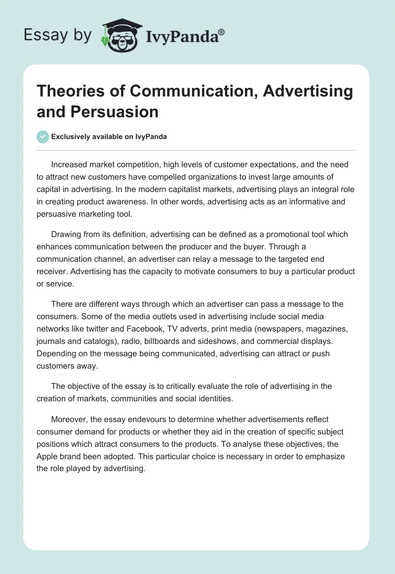 Theories of Communication, Advertising and Persuasion. Page 1