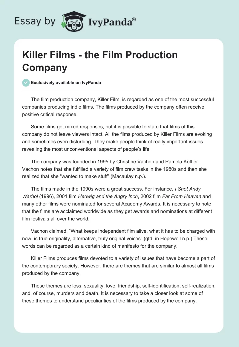 Killer Films - The Film Production Company. Page 1