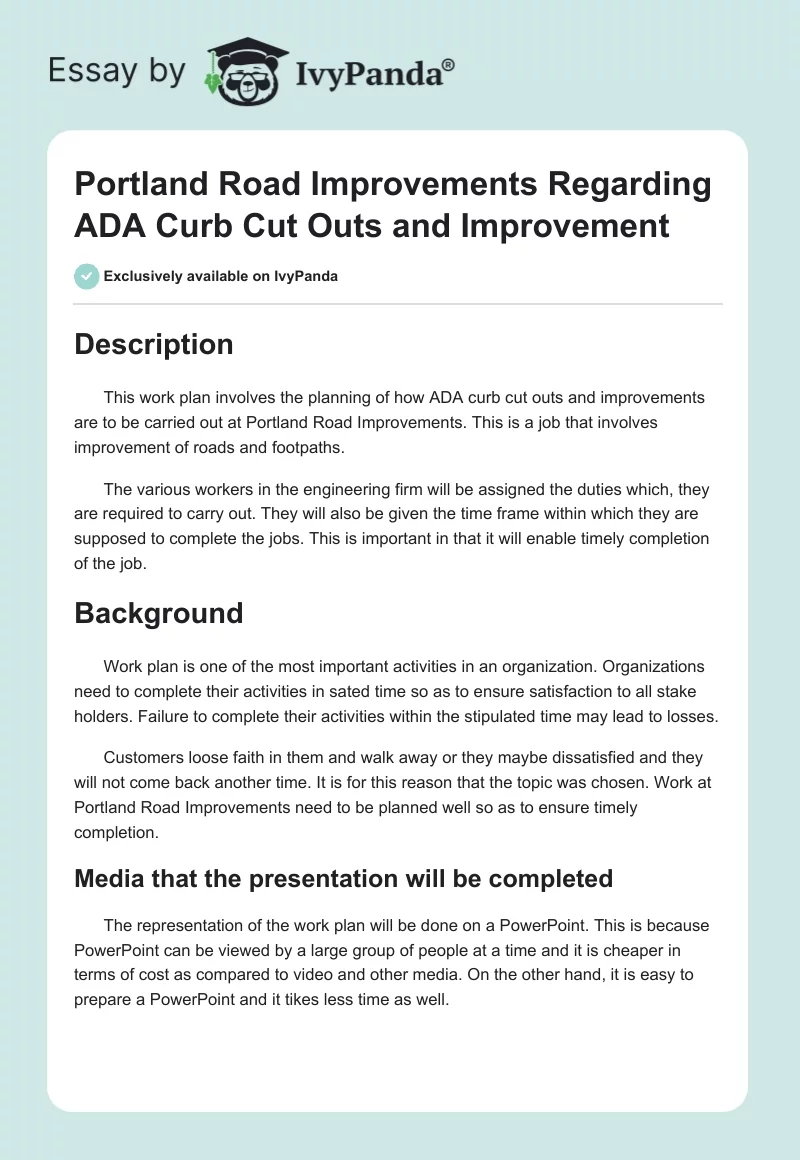 Portland Road Improvements Regarding ADA Curb Cut Outs and Improvement. Page 1