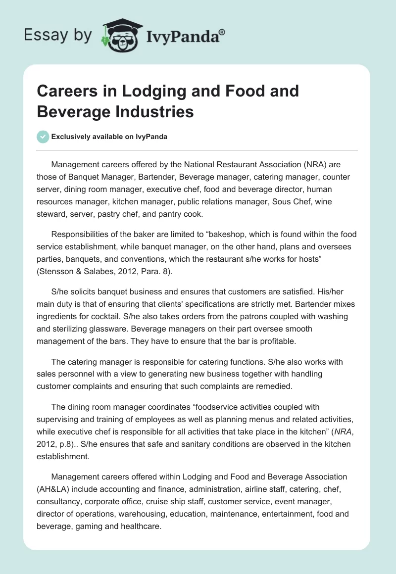 Careers in Lodging and Food and Beverage Industries. Page 1