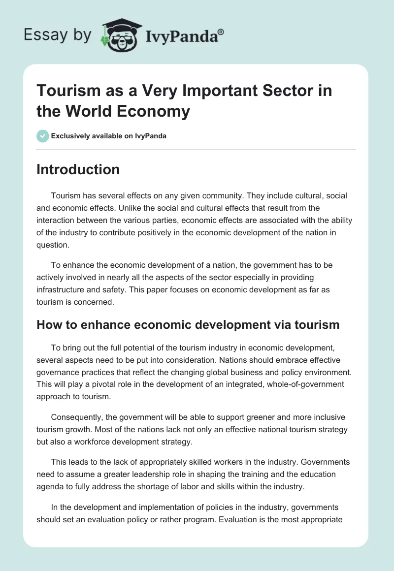Tourism as a Very Important Sector in the World Economy. Page 1