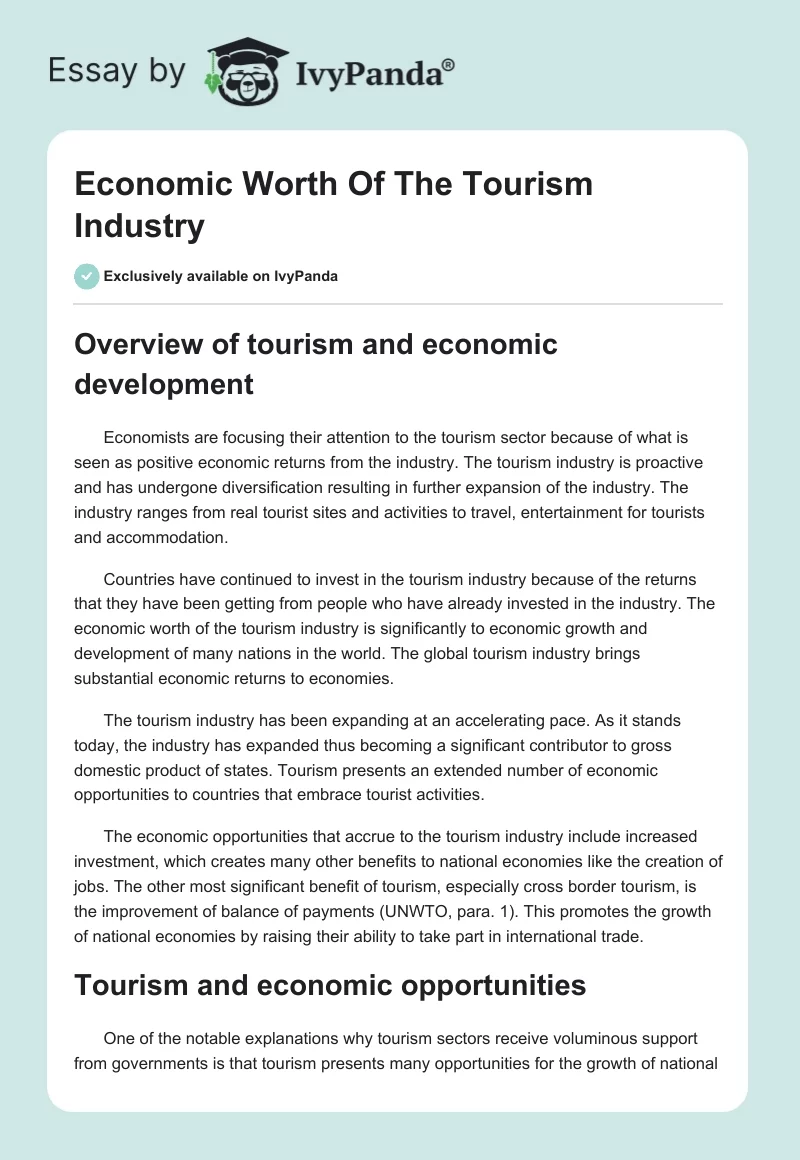 Economic Worth Of The Tourism Industry. Page 1