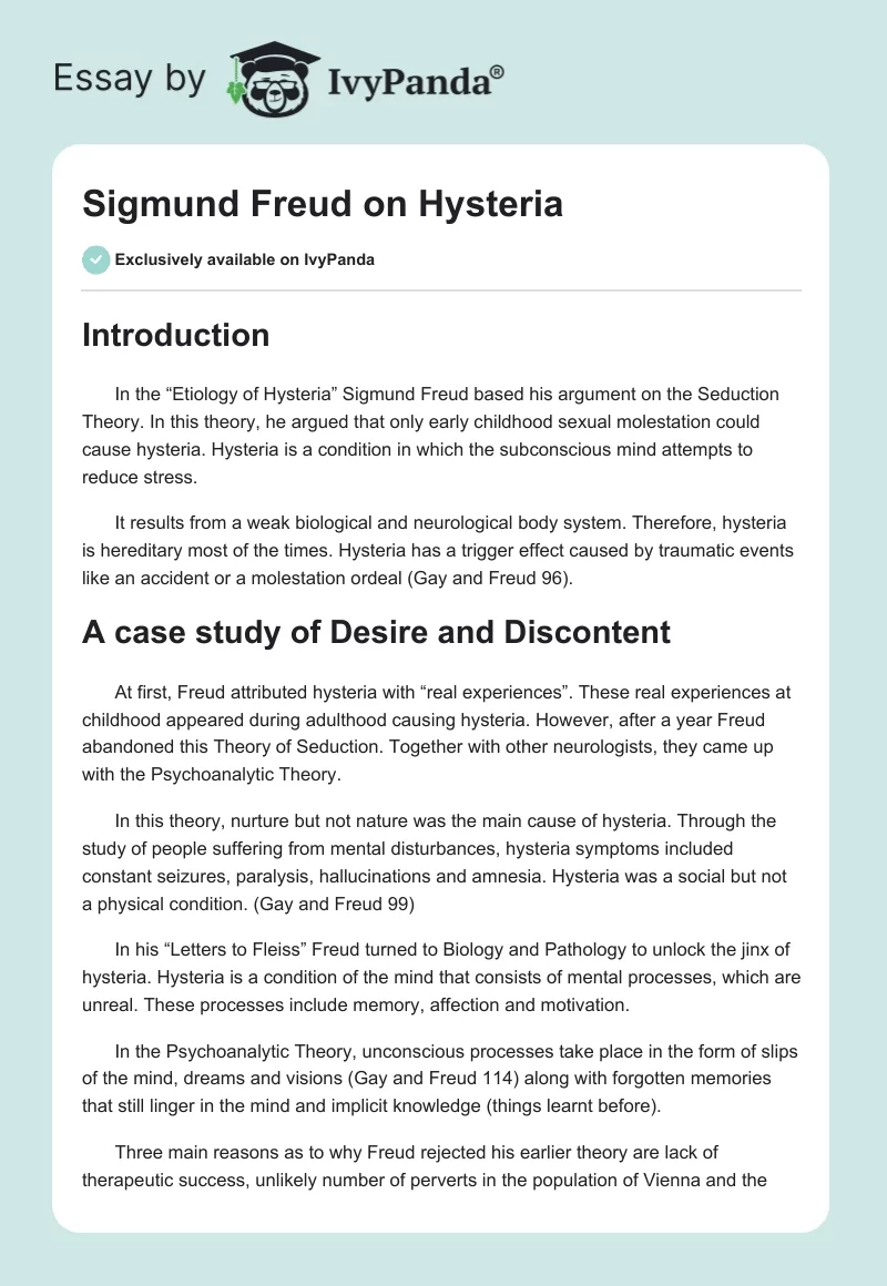 Sigmund Freud on Hysteria. Page 1
