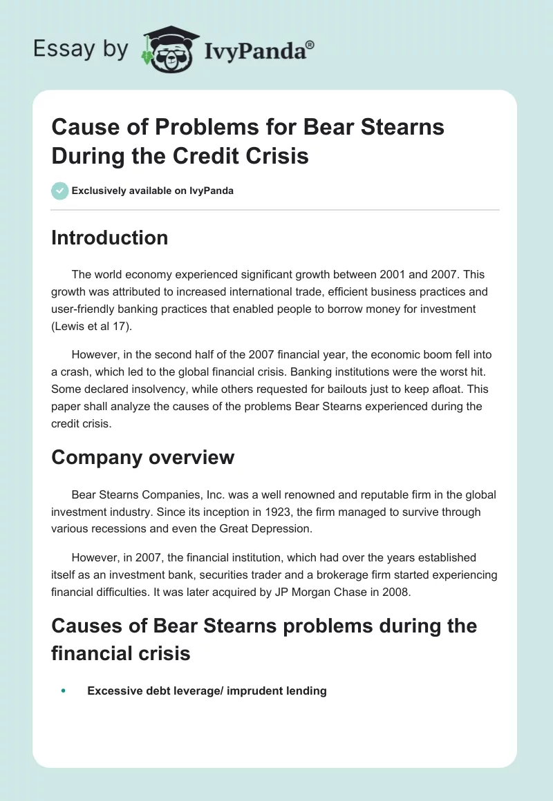 Cause of Problems for Bear Stearns During the Credit Crisis. Page 1