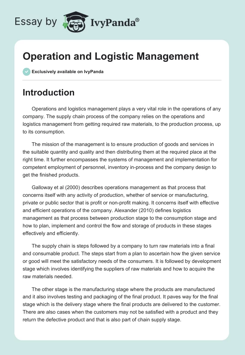 Operation and Logistic Management. Page 1