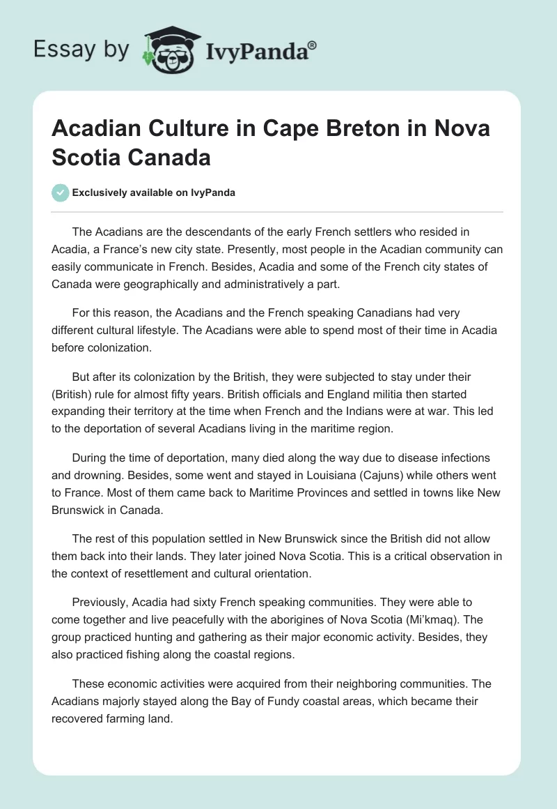 Acadian Culture in Cape Breton in Nova Scotia Canada. Page 1