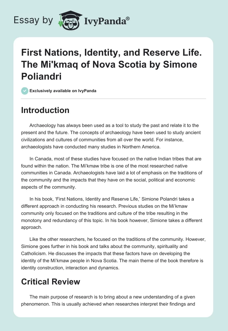 "First Nations, Identity, and Reserve Life. The Mi'kmaq of Nova Scotia" by Simone Poliandri. Page 1