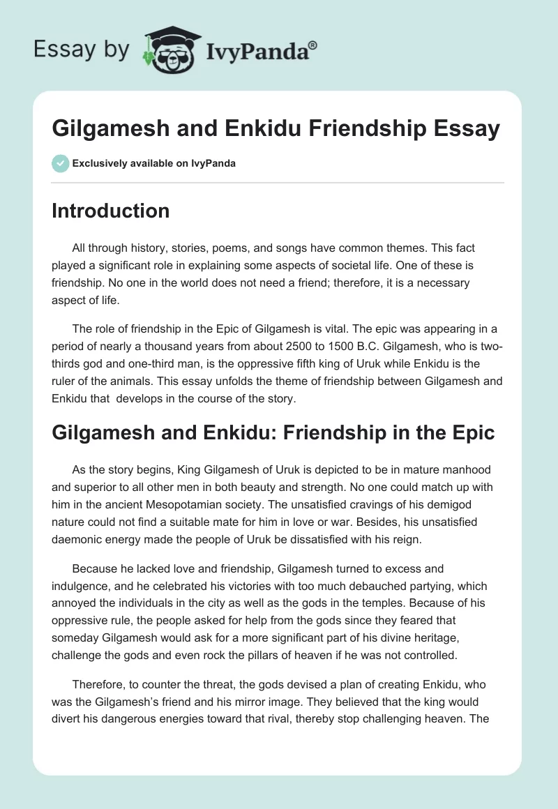 Gilgamesh and Enkidu Friendship Essay. Page 1
