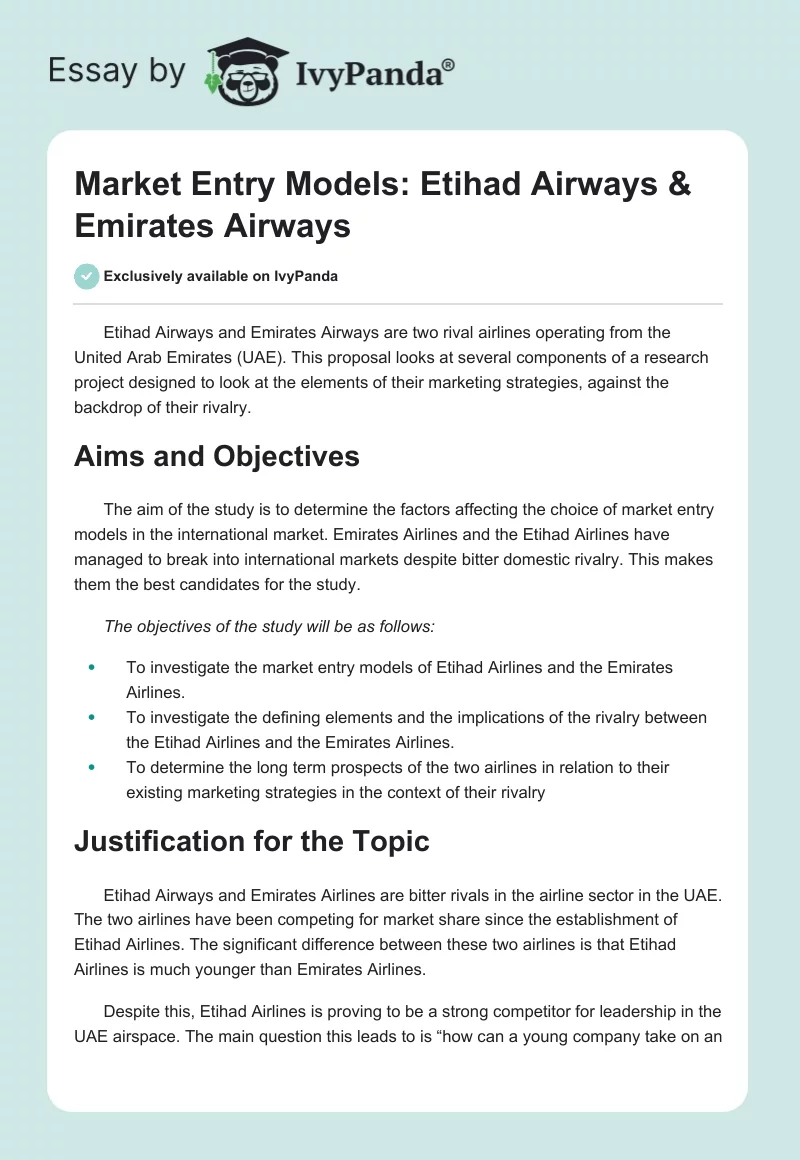 Market Entry Models: Etihad Airways & Emirates Airways. Page 1