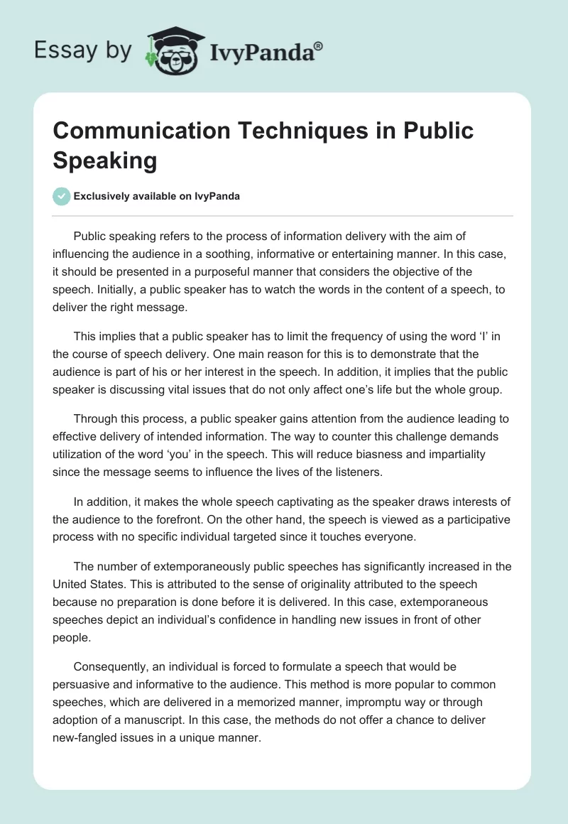 Communication Techniques in Public Speaking. Page 1
