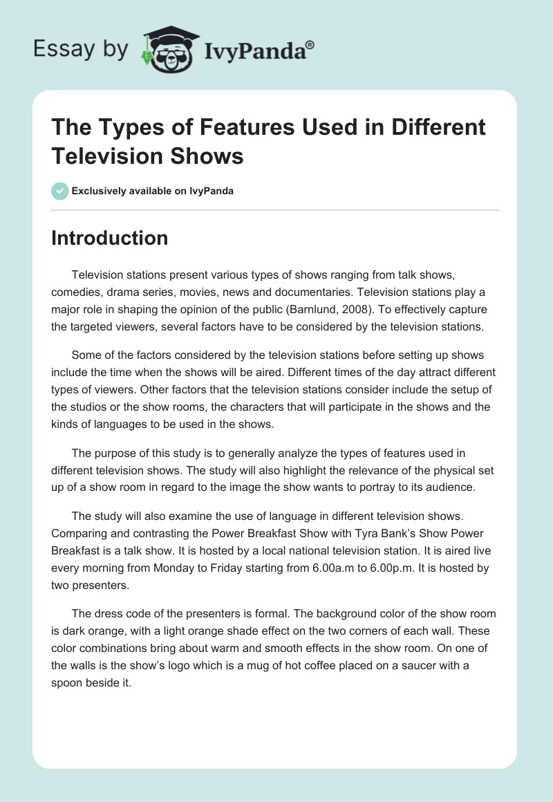 The Types of Features Used in Different Television Shows. Page 1