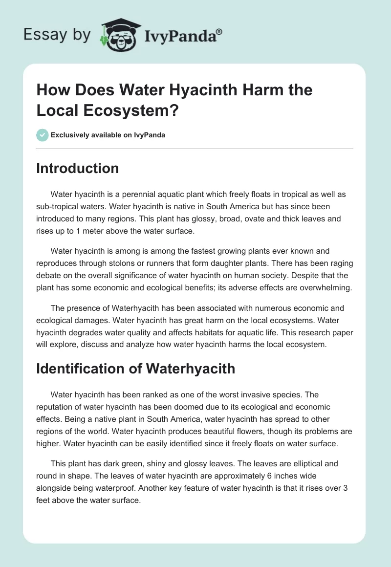 How Does Water Hyacinth Harm the Local Ecosystem?. Page 1