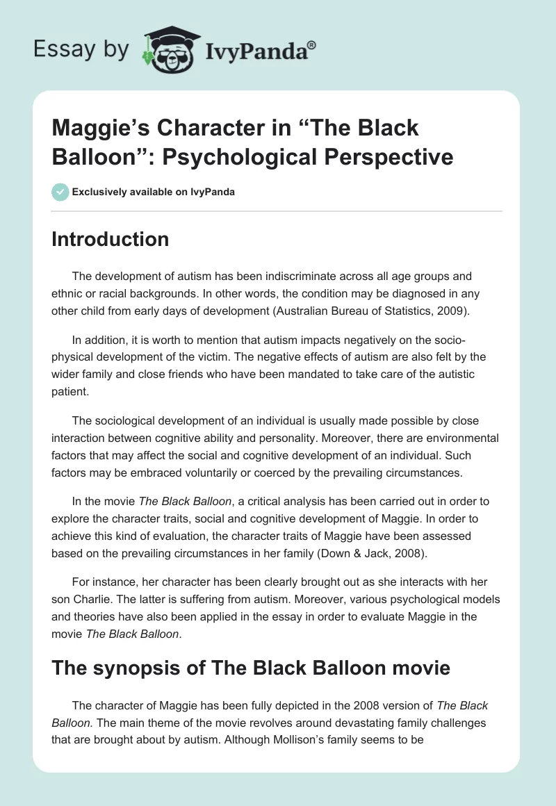 Maggie’s Character in “The Black Balloon”: Psychological Perspective. Page 1