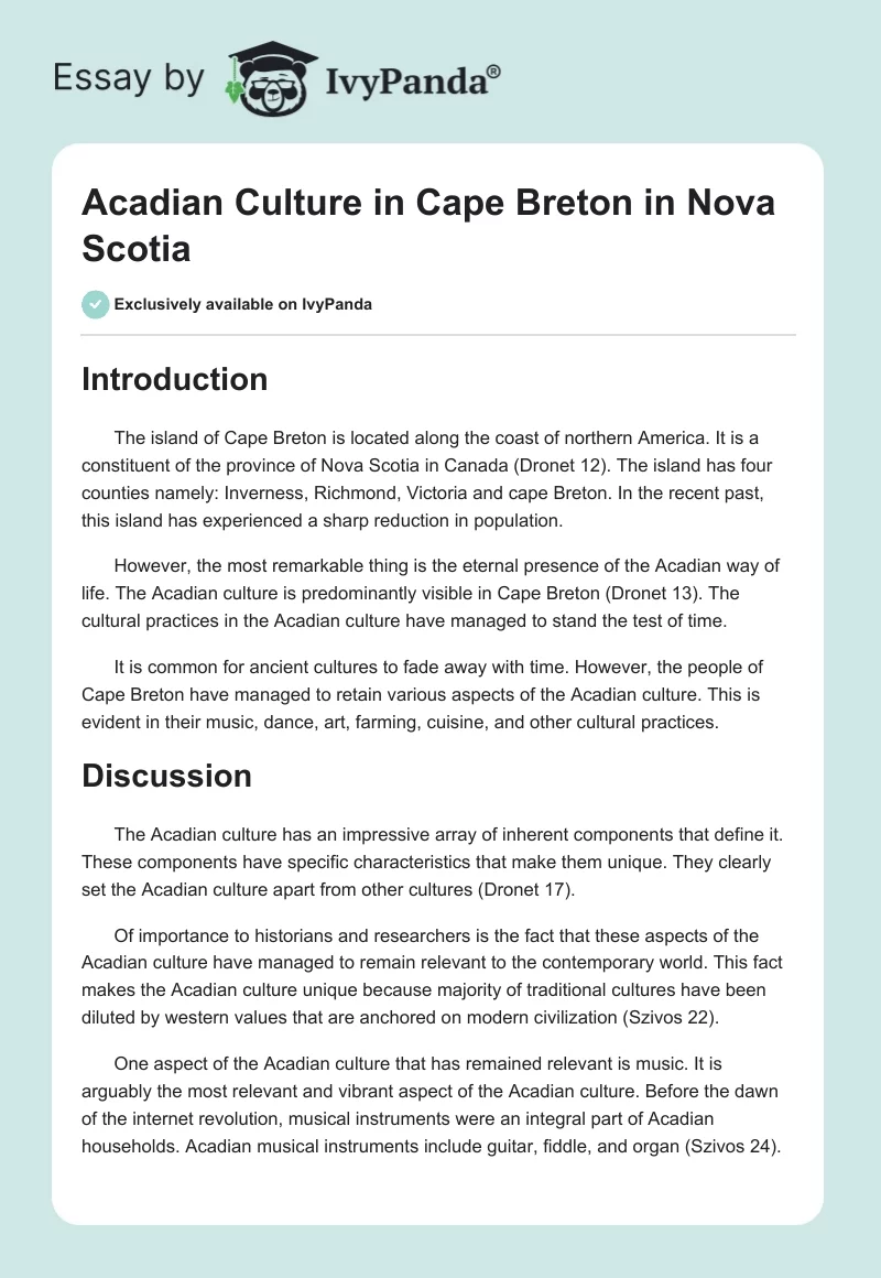 Acadian Culture in Cape Breton in Nova Scotia. Page 1