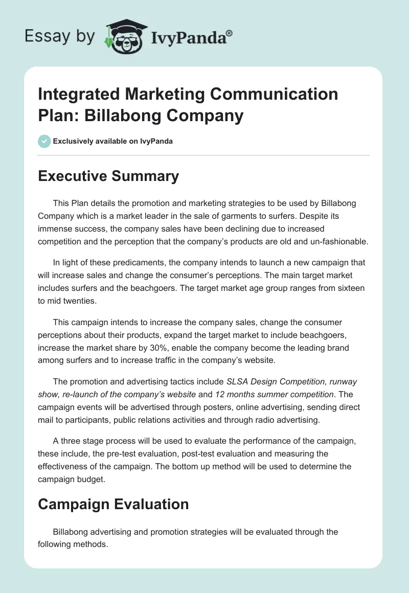Integrated Marketing Communication Plan: Billabong Company. Page 1