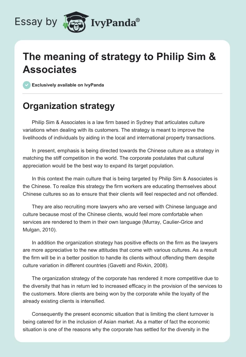 The meaning of strategy to Philip Sim & Associates. Page 1