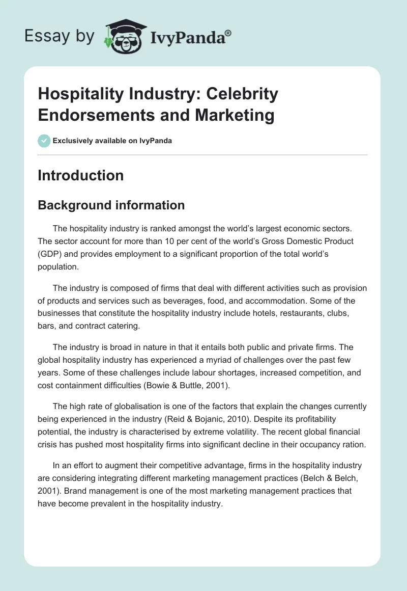 Hospitality Industry: Celebrity Endorsements and Marketing. Page 1