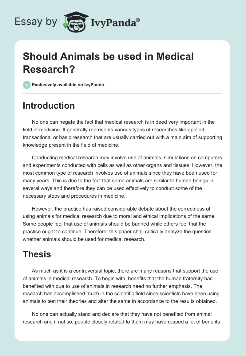 Should Animals Be Used in Medical Research?. Page 1