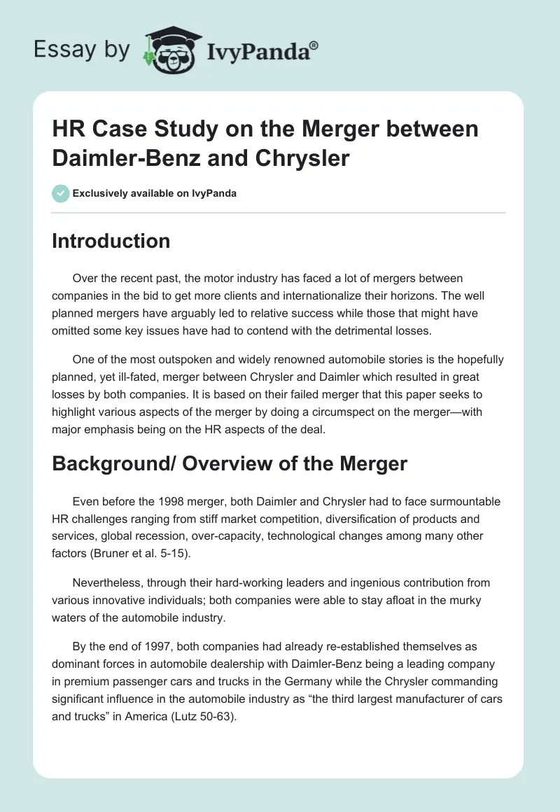 HR Case Study on the Merger Between Daimler-Benz and Chrysler. Page 1