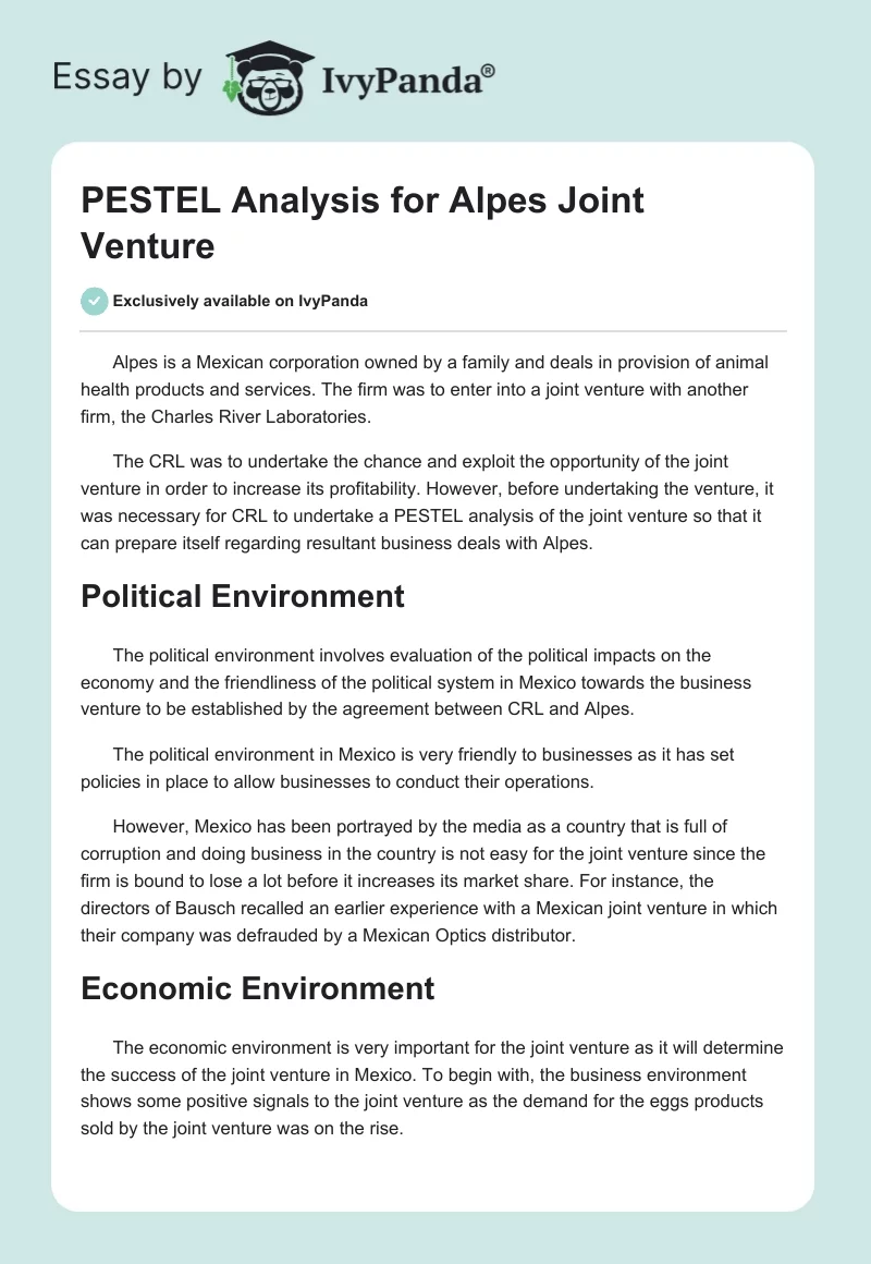 PESTEL Analysis for Alpes Joint Venture. Page 1