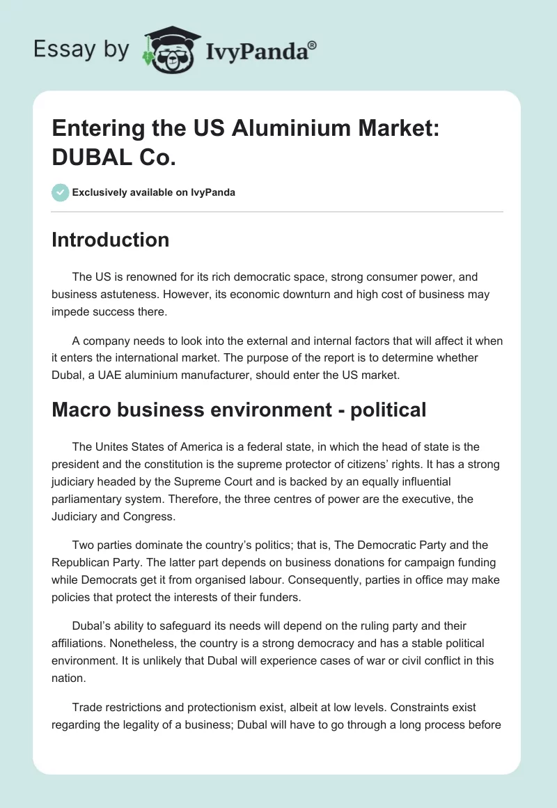 Entering the US Aluminium Market: DUBAL Co.. Page 1