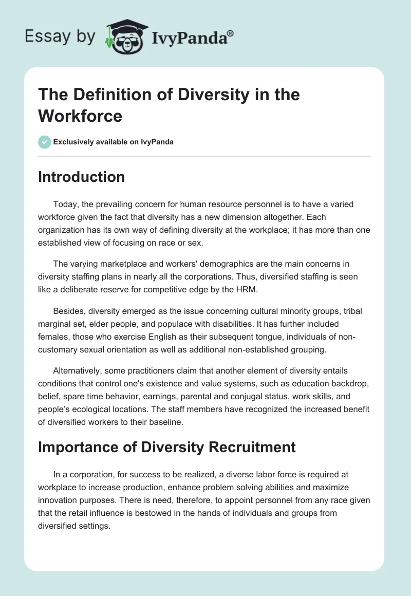 The Definition of Diversity in the Workforce. Page 1