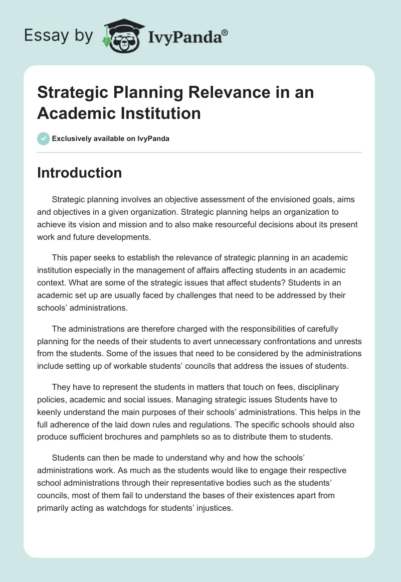 Strategic Planning Relevance in an Academic Institution. Page 1